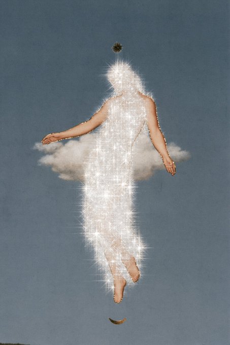 A surreal digital art collage featuring a disembodied female figure with arms outstretched against a blue sky, with a sparkling white grid/cloud-like form for a torso, accented by small dark circles and a crescent.