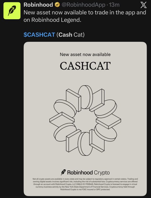 A Robinhood tweet announcing a new crypto asset '$CASHCAT (Cash Cat)' now available to trade in the app and on Robinhood Legend.