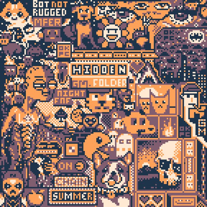 Pixel art collage of various internet meme characters including MFER, Hidden Block, Night End, ON, and Summer logos in an orange and dark brown color scheme.