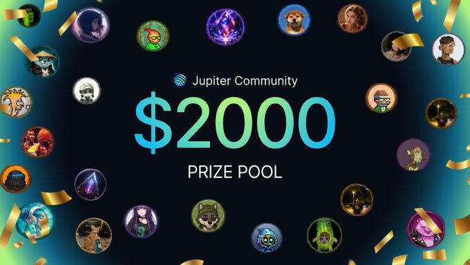 Promotional graphic for Jupiter Community featuring a '$2000 PRIZE POOL' surrounded by circular profile pictures of community members and gold confetti.