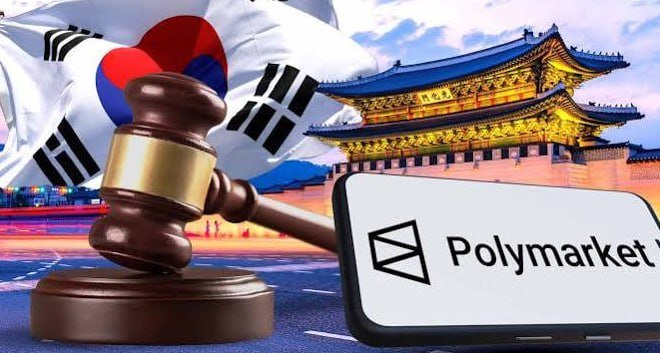 A graphic features a gavel, a South Korean flag, a traditional Korean palace, and a smartphone displaying the Polymarket logo.