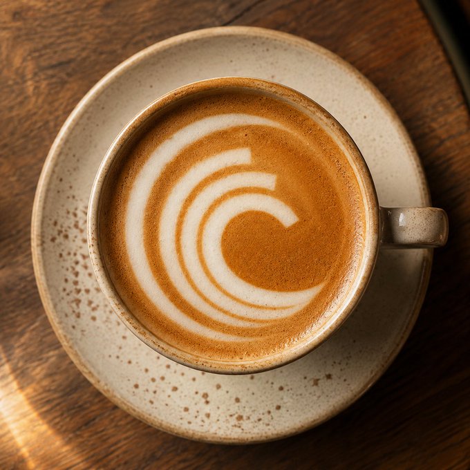 A top-down photograph of a cappuccino with beautiful latte art in a swirl/rosetta pattern, served in a speckled ceramic cup on a matching saucer atop a wooden table.