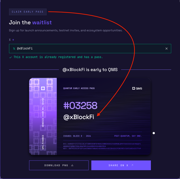 A 'Claim Early Pass' webpage for QMS showing a Quantum Early Access Pass #03258 issued to @xBlockFi, with a red arrow pointing to the username.
