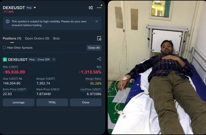 A split image showing a crypto trading screen with a DEXEUSDT Perpetual position at -1,313.56% ROI on the left, and a man lying in a hospital bed on the right.