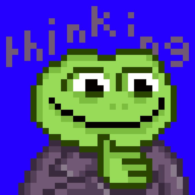 A pixel art image of a green creature's face with a wide smile on a blue background, with the text 'thinkia' displayed at the top.