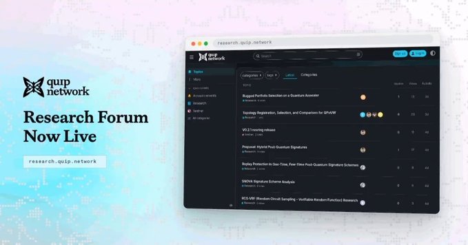 A promotional graphic announcing the launch of quip network's "Research Forum" at research.quip.network, featuring a screenshot of the forum interface with categories like "Quals" and "Companies," alongside a list of research posts discussing quantum computing topics such as "Dugged Portfolio Selection on a Quantum Accelator," "Topology Registration, Selection and Comparison for QHIPAP," and post-quantum signature schemes. The image visually supports the post's claim by showcasing a tangible, functional platform for quantum researchers and developers, reinforcing quip network's commitment to making quantum accessible beyond just marketing.