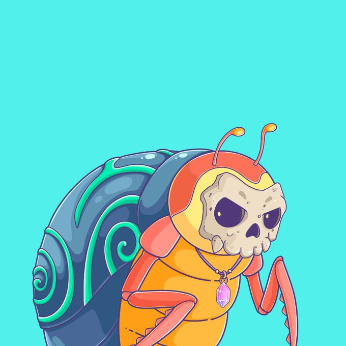 A cartoon illustration of a bug-like creature with a skull face, decorative blue swirled shell, and a purple crystal pendant, set against a turquoise background—visually representing the "Genesis Bugs" NFT collection mentioned in the announcement about joining @unvault's free mint launch.