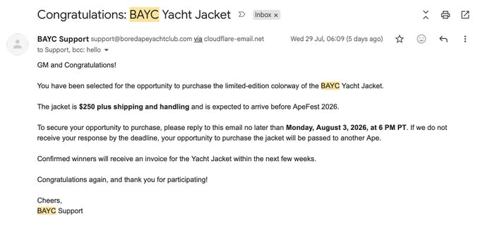 Email from BAYC Support congratulating the recipient on being selected to purchase a limited-edition colorway of the BAYC Yacht Jacket for $250, with a deadline of Monday, August 3, 2026.