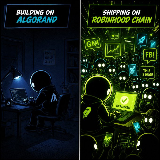 A split cartoon-style illustration contrasting "BUILDING ON ALGORAND" (left, showing a lonely hooded figure at a desk) versus "SHIPPING ON ROBINHOOD CHAIN" (right, showing an excited crowd celebrating a "DEPLOYED" launch with "GM" and "FB!" messages).