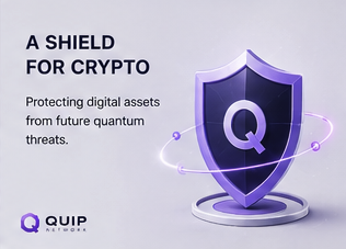 The image features a shield-like design with purple and white colors, which appears to be a digital asset protection shield for crypto projects. The shield has a ring around it, symbolizing the protection of valuable information or assets from future threats. The background is a light gray color that contrasts with the purple shield, making it stand out. Below the shield, there's text in black and white that reads: "A shield for crypto protecting digital assets from future quantum threats @quipnetwork". This message emphasizes the importance of securing digital assets against potential threats in the crypto world.
