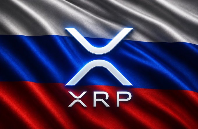 The Russian tricolor flag waves behind the XRP cryptocurrency logo, visually tying the post's claim that Russia has approved crypto adoption for its 146 million citizens to the Ripple-affiliated token the author predicted would benefit from the regulatory shift.