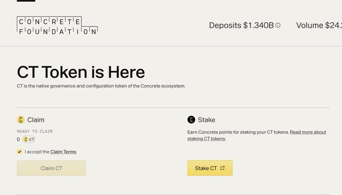 A screenshot from Concrete Foundation showing the "CT Token is Here" airdrop claim page, where 0 CT tokens are available, alongside a staking option for the CT token. The image illustrates the airdrop claim process mentioned in the post, with current stats showing $1.34B in deposits and $24.8B in volume.