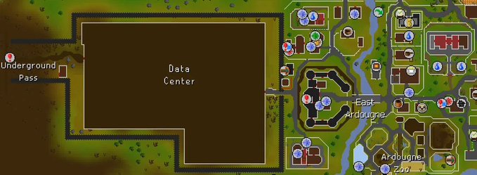 This is a map image from Old School RuneScape (OSRS) showing the "Data Center," "East Ardougne," "Ardougne Zoo," and "Underground Pass" locations. The map humorously relates to the post by depicting the iconic OSRS city of Ardougne alongside a modern data center, jokingly implying the game's servers are hosted there.