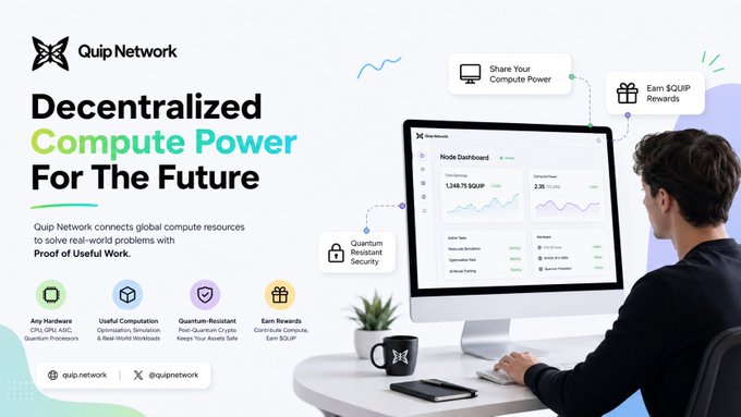 A promotional image for Quip Network (@quip.network) showcasing their "Decentralized Compute Power For The Future" platform, featuring a dashboard displaying "Node Dashboard" with "Your Earnings: 1,148.75 $QUIP" and "Compute Power: 2.35 THz/s," alongside key features like Quantum-Resistant Security and the ability to earn $QUIP rewards by sharing compute power.