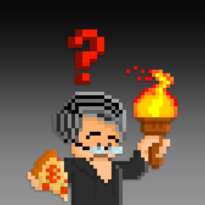 A pixel art image of an older woman with gray hair holding a pizza slice and a flaming torch, with a red question mark floating above her head.