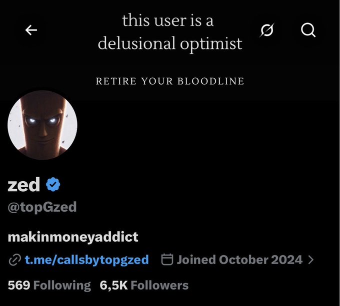 A social media profile for 'zed' (@topGzed) with the description 'this user is a delusional optimist' and a profile picture of a glowing-eyed character.