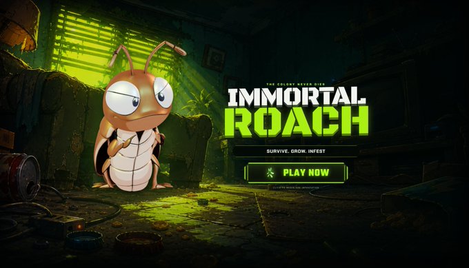 A promotional banner for the video game "IMMORTAL ROACH" featuring a cartoon cockroach character in a dimly lit, grungy room with a glowing "PLAY NOW" button, paired with an announcement that the game is in its final development stage with backend and security work underway, built entirely from scratch without AI game-building tools, ahead of its launch alongside an NFT on Abstract.