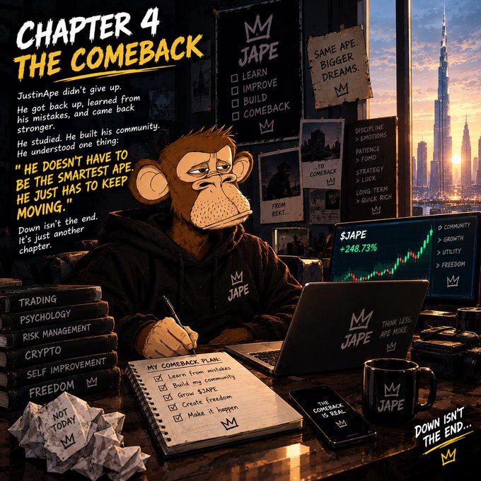 The image depicts a weary-looking ape named JustinApe sitting at a desk filled with trading books, a laptop, and a "$JAPE" chart showing a +248.73% gain, with the Burj Khalifa visible through the window—illustrating the "comeback" theme as the ape documents his plan to learn, grow, and keep moving forward despite past mistakes.