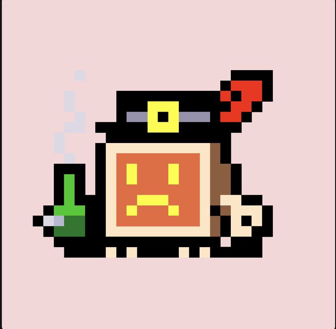 A pixel art illustration of a brown square-faced character dressed as a pirate with a black hat, eye patch, and red feather, smoking a pipe on a pink background.