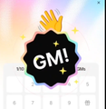 A cartoon-style "GM!" (Good Morning) greeting badge featuring a waving hand is displayed over a calculator screen, likely symbolizing a daily ritual or motivational message often shared in crypto communities to greet fellow traders during tough market conditions.