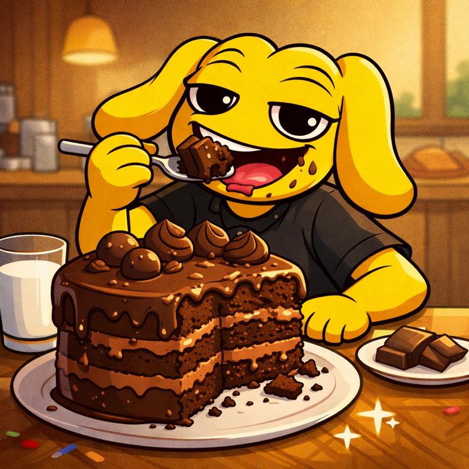 The image features a cartoon character, likely a dog or a cat, sitting at a table with a large chocolate cake in front of them. The character appears to be eating the cake using their hands, as if they are enjoying every bite. The background shows a kitchen setting with various items such as cups and bowls on the countertop. The caption "ANDY enjoying cake, every single day" suggests that this scene is part of an ongoing series or collection where Andy, the cartoon character, enjoys cake daily.