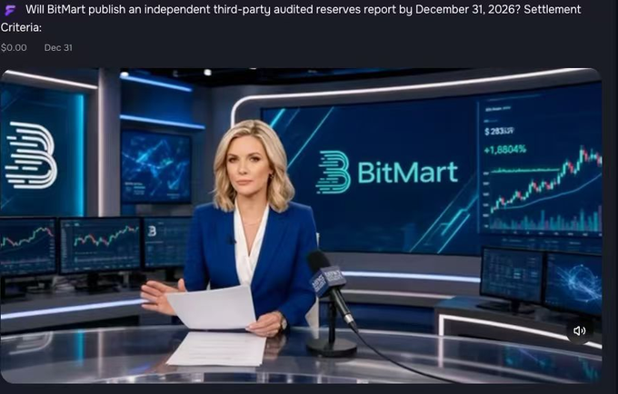 A news anchor delivers a report in a studio with "BitMart" branding on large screens, while a chart shows a price of $2,533 with a +1,6804% change, illustrating the volatility and trust issues surrounding the exchange amid recent hacking allegations and concerns about user funds.