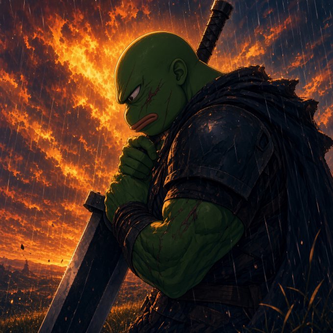 A grim green-skinned warrior grips a massive sword against a fiery, rain-soaked sky, his scarred face set in a determined scowl as embers drift around him—evoking a lone fighter rallying allies to join an unfolding battle.