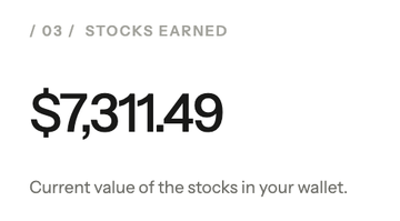 The image displays "$7,311.49" as the current value of earned stocks in a wallet, labeled under "STOCKS EARNED" with the heading "/ 03." It illustrates the author's point about how holding @TheIndexFi on Robinhood Chain allows them to accumulate real-world asset (RWA) stocks instead of relying on traditional token dilution, showcasing a tangible portfolio value built over just one week.