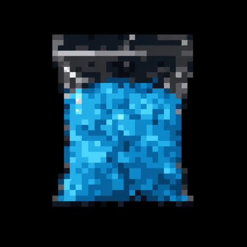 A pixel art illustration of a blue liquid-filled potion bottle with a gray cap on a black background.