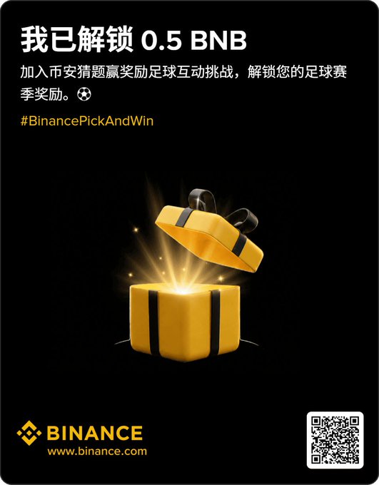 The image features a yellow gift box with a black bow, sitting against a black background. The text "0.5" can be seen near the bottom of the image. The post includes information about a new cryptocurrency called Binance Coin, which is being promoted as a way for users to win Bitcoin Pick and Win.