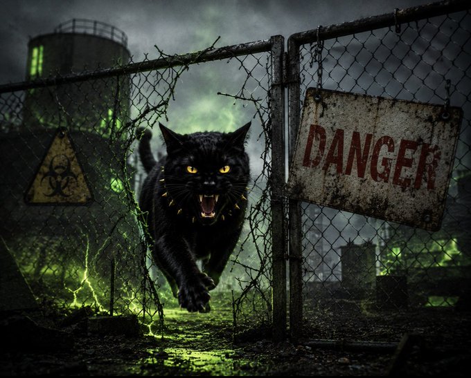 A fierce black cat with glowing yellow eyes hisses through a torn chain-link fence in a dark, toxic industrial setting, with a weathered "DANGER" sign and biohazard warning hanging on the fence. The imagery ties directly to the $DCAT memecoin campaign, using the tagline "CONTAINMENT FAILED" to hype the upcoming release on Solana.