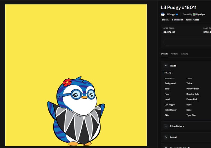 A Lil Pudgy #18011 NFT is displayed with a yellow background, featuring a blue penguin-like character with a flower on its head and reading glasses. The listing shows a best offer of $1,077.83 and last sale of $736.4, supporting the post's claim of buying it for $730 three weeks ago and the current floor price being significantly higher.