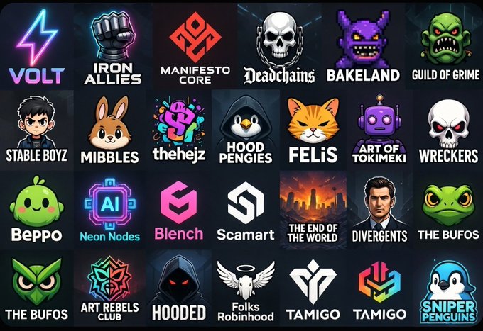 A grid of 28 NFT collection logos/tokens including 'VOLT', 'IRON ALLIES', 'MANIFESTO CORE', 'Deadchains', 'BAKELAND', 'Beppo', 'Blench', and 'SNIPER PENGUINS'.