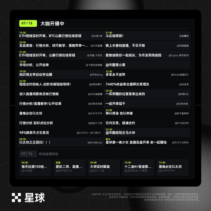 A Chinese-language livestreaming schedule from the 星球 (Planet) platform for 07/13 titled '大咖开播中', listing various live broadcasts by traders and influencers with topics like ETH analysis, market trends, and trading techniques.