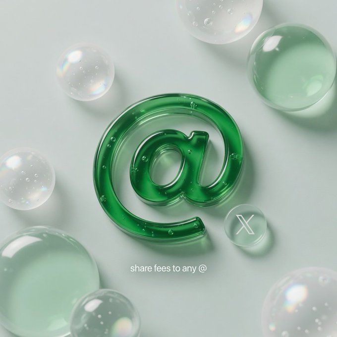 A green glass 3D @ symbol surrounded by iridescent bubbles, with the text 'share fees to any @' at the bottom and a small 'X' icon.
