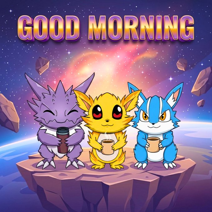 A 'GOOD MORNING' greeting featuring three cartoon creatures—one purple, one yellow, and one blue—holding mugs on a floating rock platform in space.