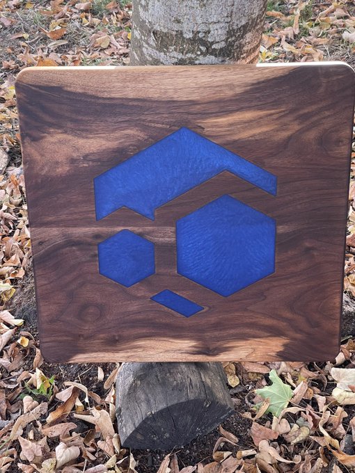 A wooden plaque with a blue resin hexagonal logo resting on a tree stump in a wooded setting.