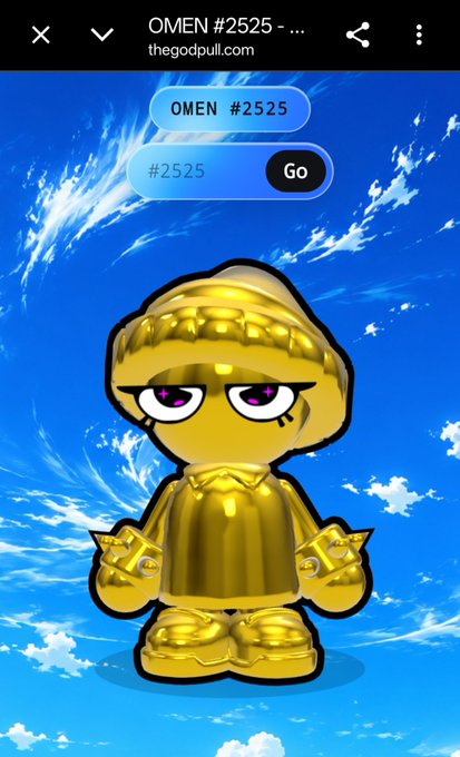 A screenshot of a webpage from 'thegodpull.com' displaying a golden, stylized character with purple eyes under a blue sky, with the search query '#2525'.