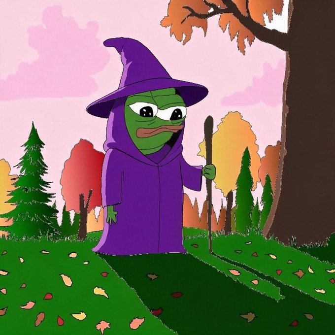 The image is a cartoon illustration of a Pepe the Frog dressed in a purple witch hat and robe, holding a staff in an autumn forest with pink skies and falling leaves. The post's "dying breed" caption and #XRPL hashtag play on Pepe's witch-like, magical appearance, symbolizing the rarity of XRP community members.