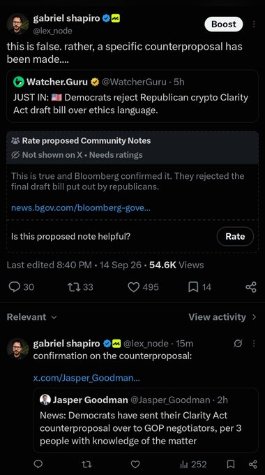 Gabriel Shapiro (@lex_node) pushes back against a Watcher.Guru tweet claiming Democrats rejected the Republican crypto Clarity Act, arguing instead that a specific counterproposal was made, citing Jasper Goodman's confirmation of the counterproposal. The image shows his tweets receiving Community Notes, supporting his claim that accurate posts about the crypto bill are being flagged while the doomer narrative is being promoted.