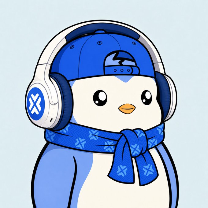 A cartoon penguin wearing a blue cap, white headphones with a blue "X" logo, and a blue patterned scarf—styled to represent the Pudgy Penguins NFT collection celebrating its 5th birthday alongside the referenced project.
