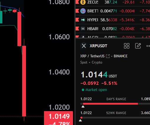 A TradingView chart shows XRP/USDT crashing from above 1.0800 to 1.0144 USDT, a drop of 5.51%, alongside other declining crypto tickers like ZECUS, BRET1, HYPE, and HBAR, illustrating the broad crypto market downturn referenced in the post.