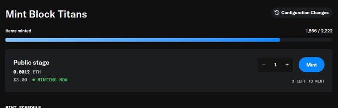 A dark-themed webpage showing 'Mint Block Titans' NFT minting interface with 1,866/2,222 items minted at 0.0012 ETH, with 'MINTING NOW' status and a 'Mint' button.