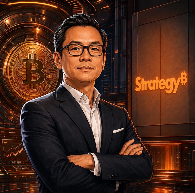A confident businessman in a dark suit stands arms-crossed before a glowing orange "Strategy$" sign and a large Bitcoin emblem, embodying Strategy CEO Phong Le's bold self-comparison to "the central bank of Bitcoin" and underscoring the firm's outsized influence on the BTC market through its massive corporate treasury.