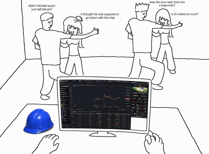 A person watches a cryptocurrency trading chart on a monitor while wearing a blue construction helmet, oblivious to four people dancing in the background with dialogue bubbles mocking others for not selling Bitcoin, with one suggesting "is 20 wallets too much?" — humorously illustrating the caption about missing out on "genny entries."