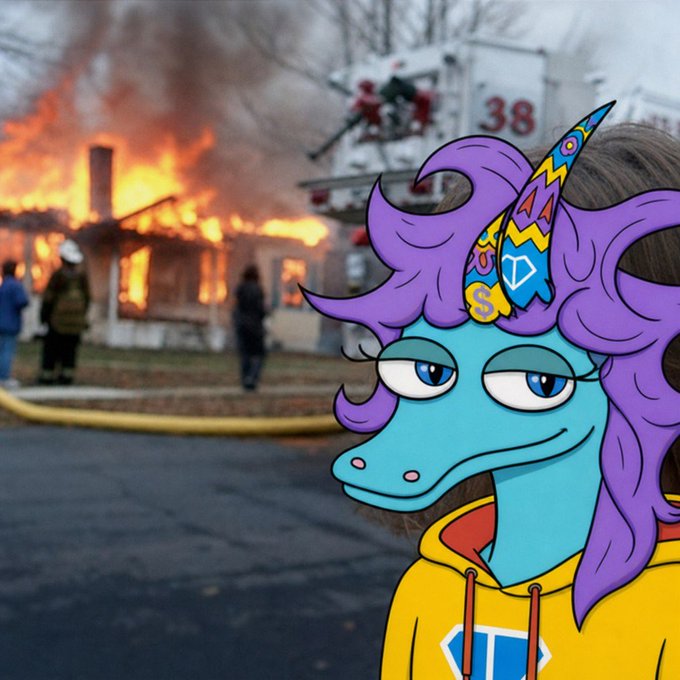 A scene of firefighters battling a house fire with a fire truck visible, overlaid with a cartoon character of a blue unicorn with a colorful party hat and yellow hoodie.