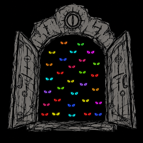 An illustration of a stone archway with double doors open, revealing colorful glowing pairs of eyes in various colors (orange, green, pink, yellow, blue, red) floating in the dark space beyond.