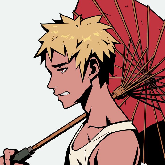 An anime-style illustration of a blonde-haired character in profile, holding a red parasol/umbrella, wearing a white tank top, with a tense expression.