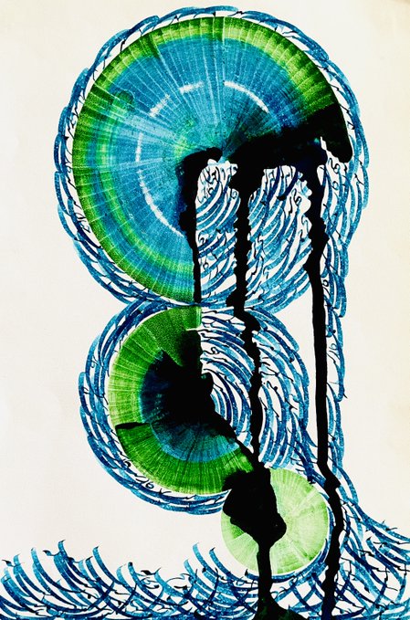 An abstract ink artwork featuring three circular green-and-blue wash forms dripping black ink downward, evoking a sense of dissolution and emptiness that visually mirrors the poem's contemplation of what remains after everything else fades away.