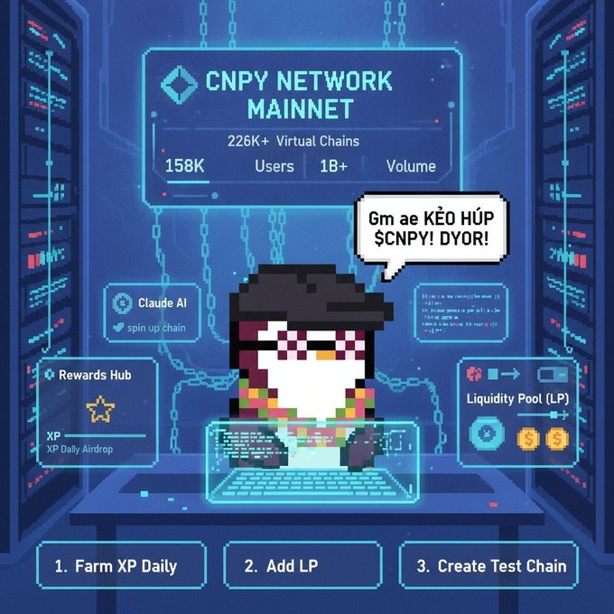 This is a advertising image for the CNPY network mainnet, which provides comprehensive virtual chains information, with user statistics, rewards hub options, and liquidity pool addition to enhance user engagement and network growth. Once decoded on google translate from a Vietnamese language, the wrote up closely aligns with what the image is saying.